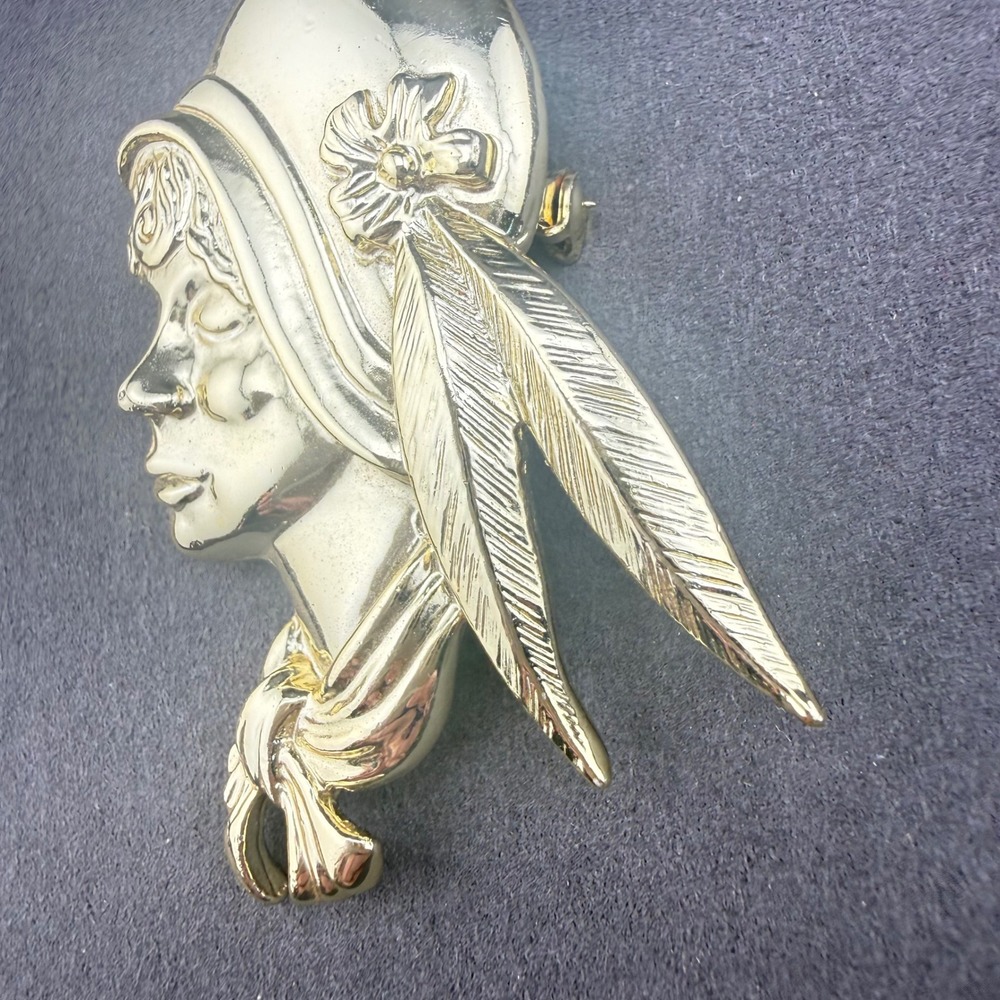 Vintage Signed Torino Brooch Pin Gold Tone Women Profile Face Flapper - Picture 4 of 7